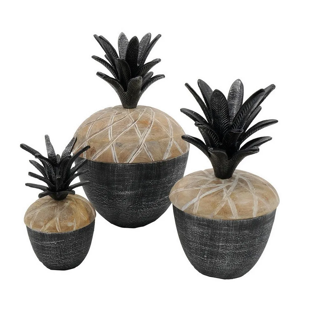 14, 12, 11 Inch Lidded Jar, Pineapple Design, Gray Mango Wood, Set of 3 By Casagear Home