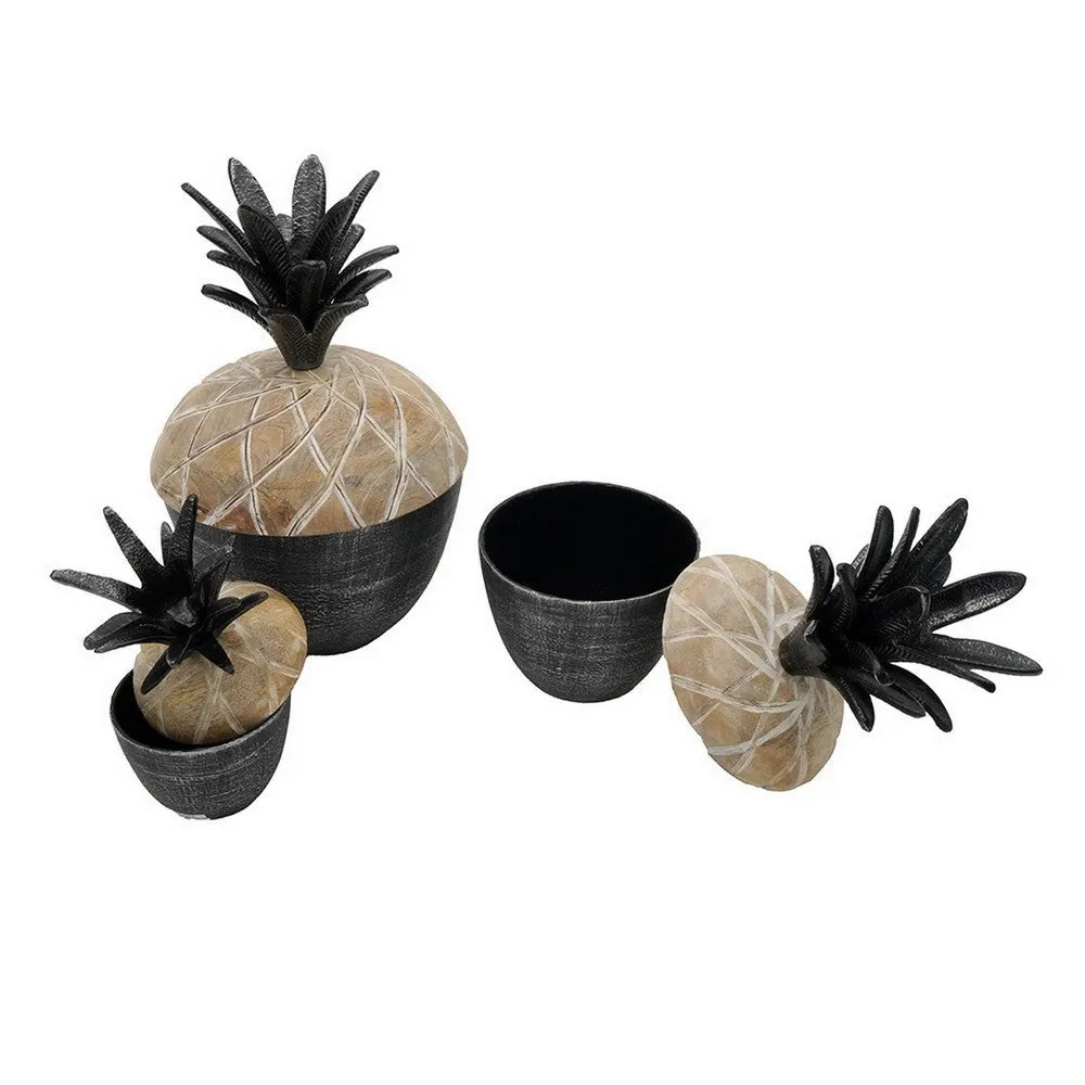 14, 12, 11 Inch Lidded Jar, Pineapple Design, Gray Mango Wood, Set of 3 By Casagear Home