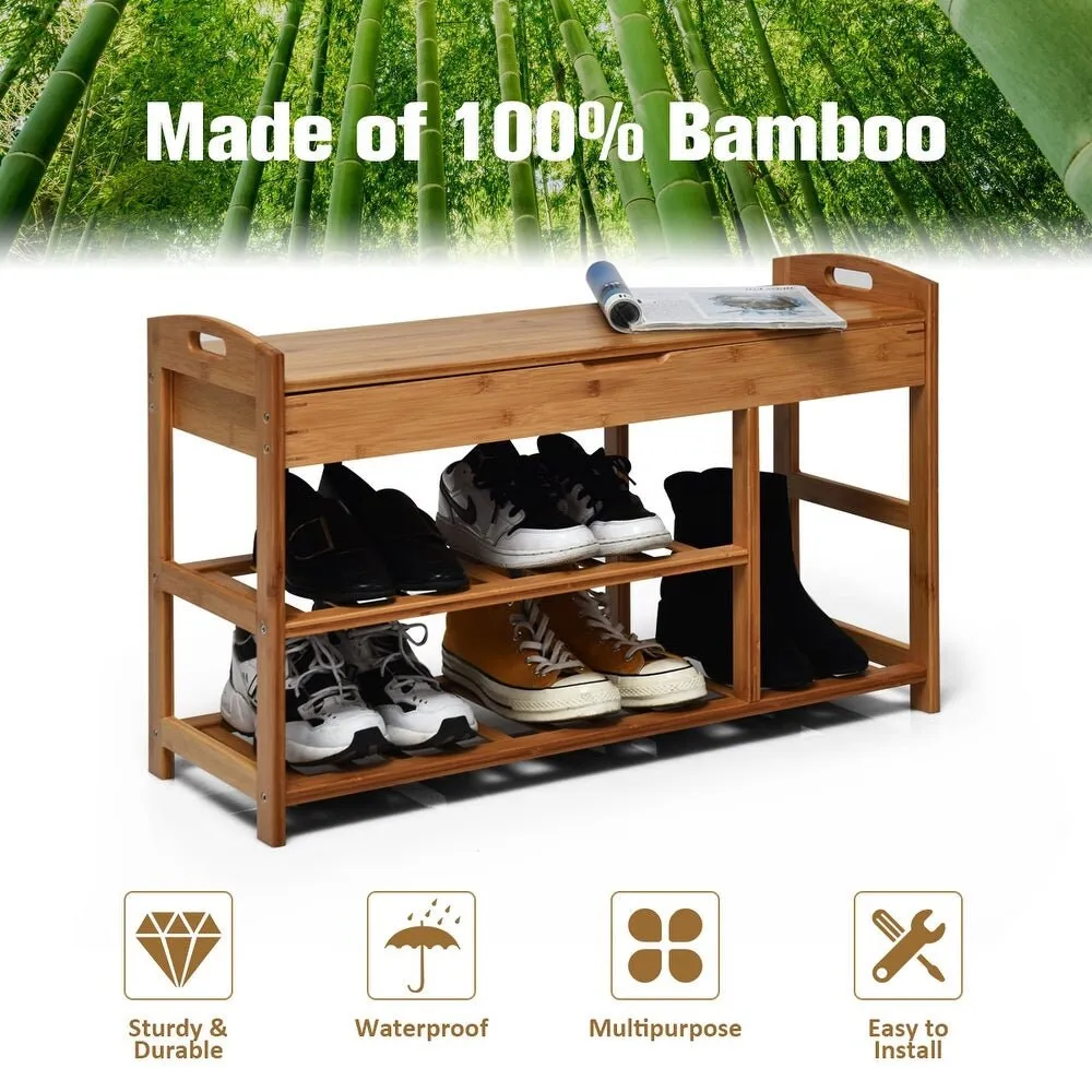 3-Tier Bamboo Shoe Bench Entryway Storage Rack Organizer Home 2 Different Height of Storage Space for Various Shoes Additional Storage Space