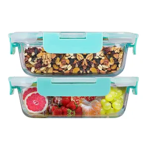 Amazon Brand - Solimo Multipurpose Glass Containers/Lunch Boxes for Office with Break-Free, Detachable Locks, Airtight, Leakproof, Microwave-Safe, Freezer-Safe, Set of 2, Rectangle (600 ml Each)