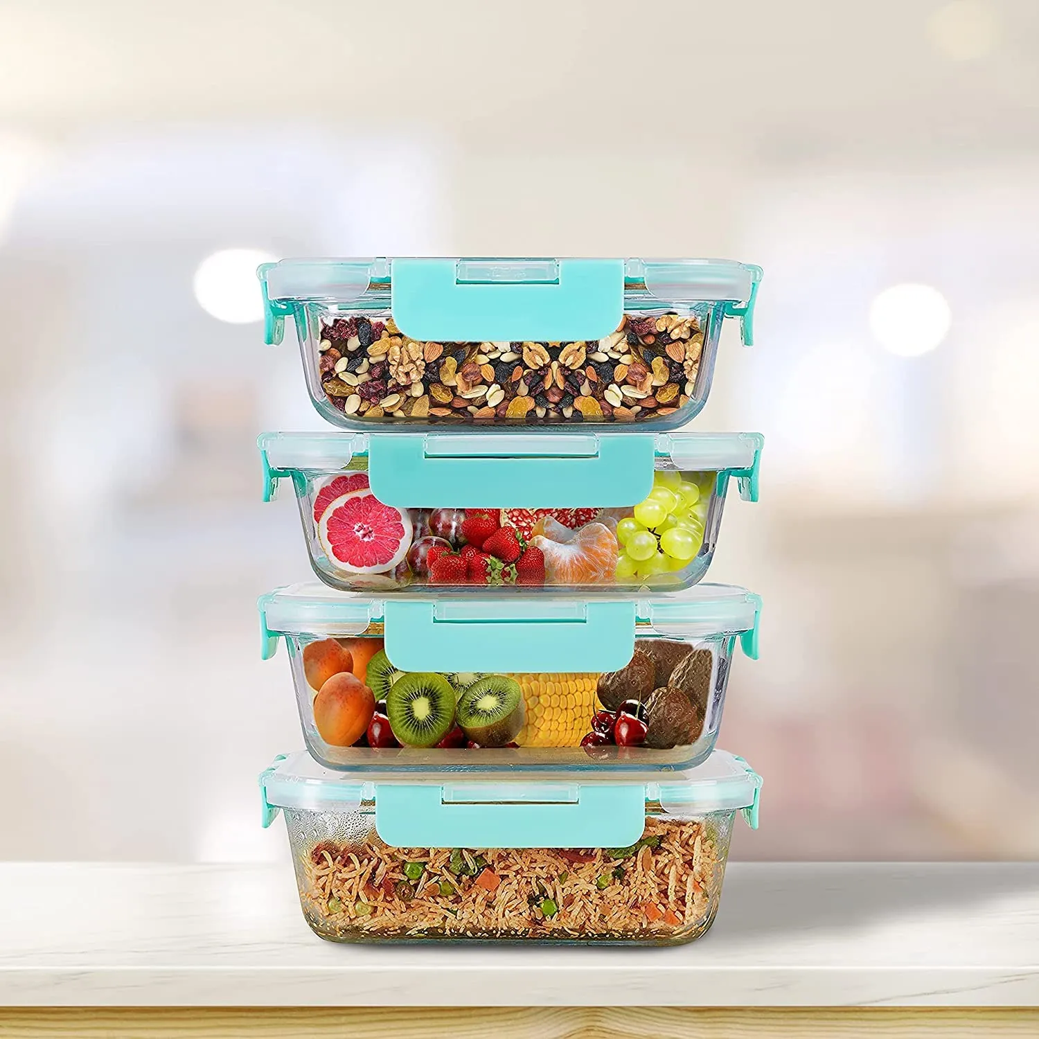 Amazon Brand - Solimo Multipurpose Glass Containers/Lunch Boxes for Office with Break-Free, Detachable Locks, Airtight, Leakproof, Microwave-Safe, Freezer-Safe, Set of 4, Rectangle (600 ml Each)