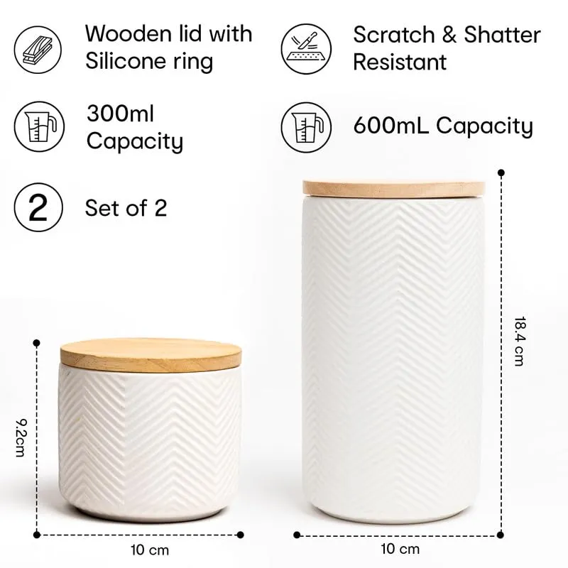 Anko 300 & 600ml Stoneware Ceramic Jars for Kitchen Storage | Airtight Container Set for Kitchen with Rubberwood Lid & Silicone Ring | Kitchen Container for Snacks, Tea, Sugar | White | Set of 2