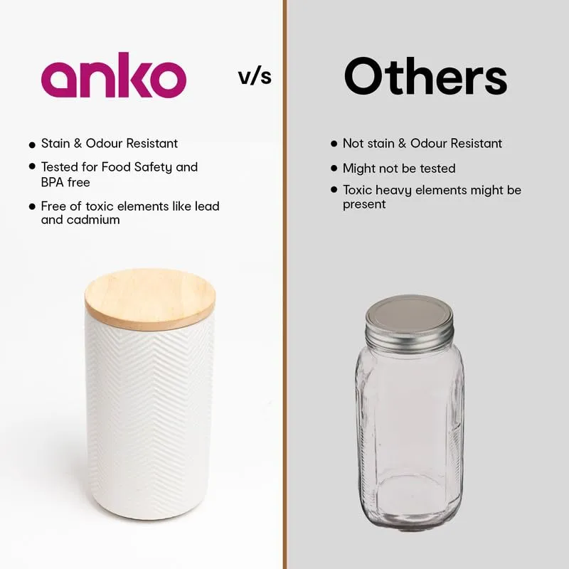 Anko 300 & 600ml Stoneware Ceramic Jars for Kitchen Storage | Airtight Container Set for Kitchen with Rubberwood Lid & Silicone Ring | Kitchen Container for Snacks, Tea, Sugar | White | Set of 2