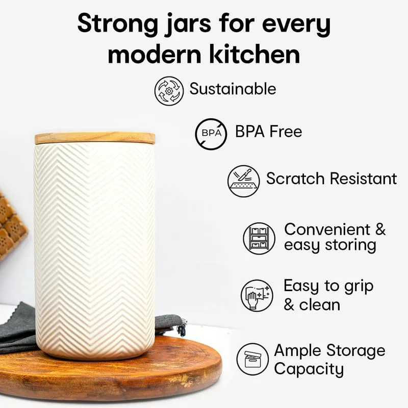 Anko 300 & 600ml Stoneware Ceramic Jars for Kitchen Storage | Airtight Container Set for Kitchen with Rubberwood Lid & Silicone Ring | Kitchen Container for Snacks, Tea, Sugar | White | Set of 2