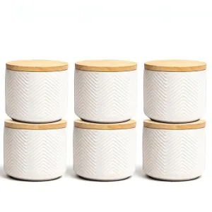 Anko 300ml Stoneware Ceramic Jars for Kitchen Storage | Container Set for Kitchen with Rubberwood Lid & Silicone Ring | Kitchen Container for Snacks, Tea, Sugar | White | Set of 6