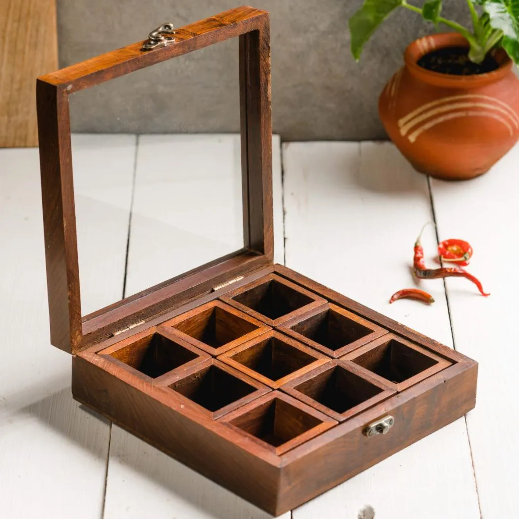 Araana Home Chakor Wooden Spice Box with Glass Cover and Metal Lock