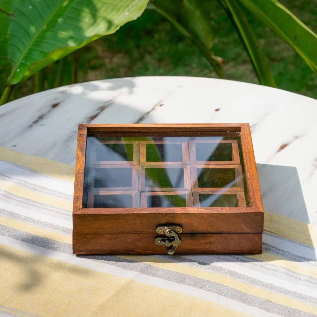 Araana Home Chakor Wooden Spice Box with Glass Cover and Metal Lock