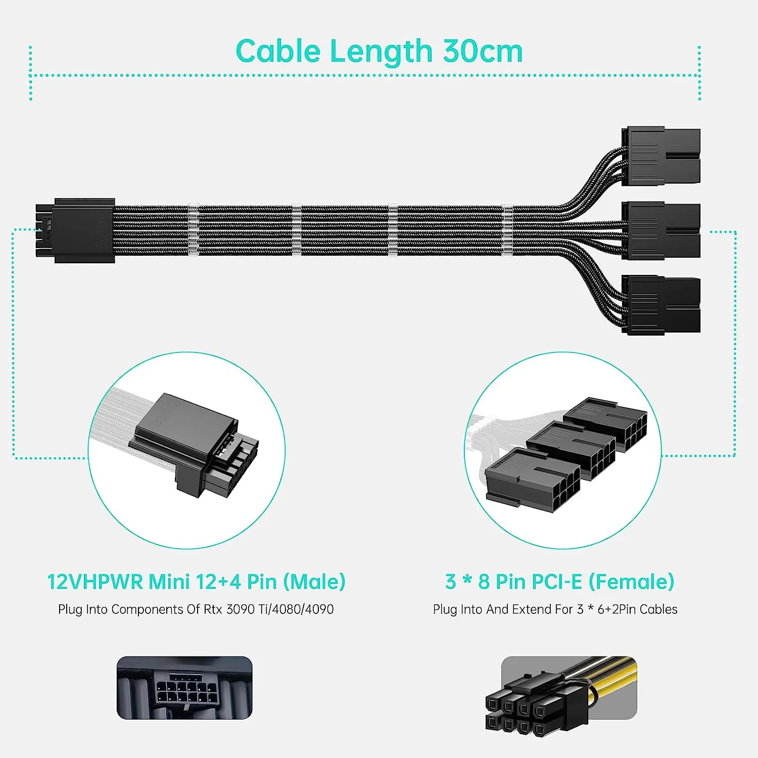 AsiaHorse 16AWG PCI-e 5.0 12VHPWR PSU Cable Extension 600W (Black)