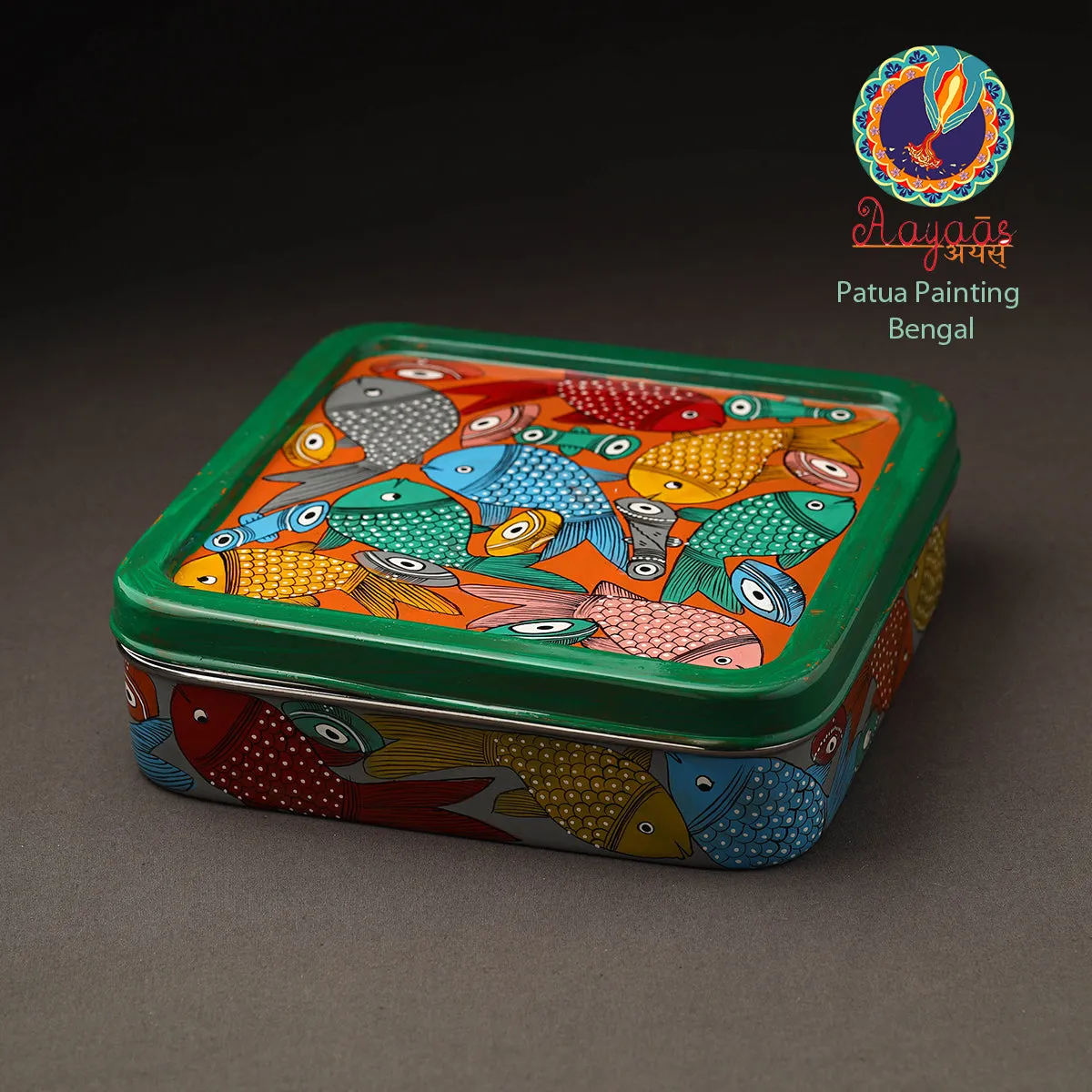 Bengal Patua Handpainted Stainless Steel Square Masala Box (9 x 9 in)