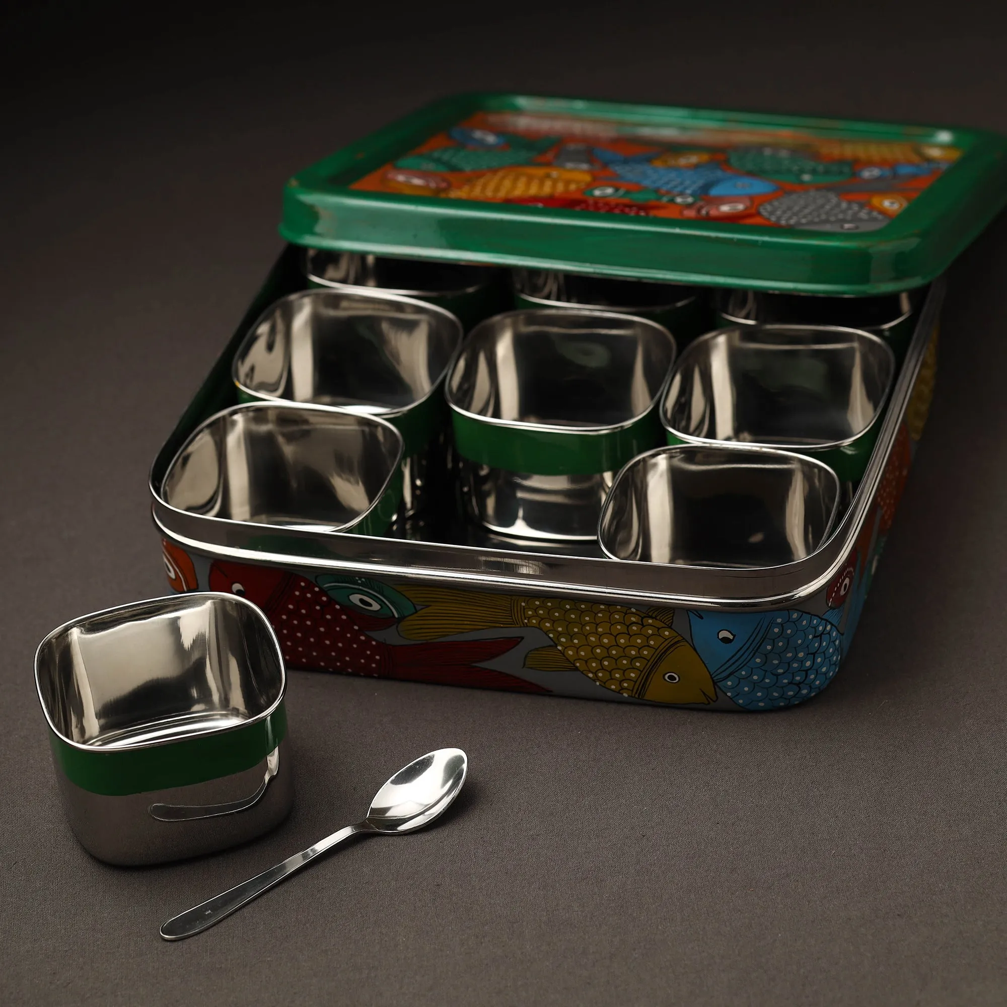 Bengal Patua Handpainted Stainless Steel Square Masala Box (9 x 9 in)