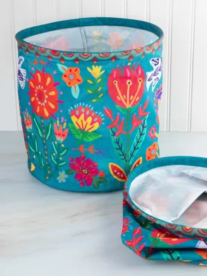 Collapsible Trash / Storage Bin - Turquoise Folk Flower