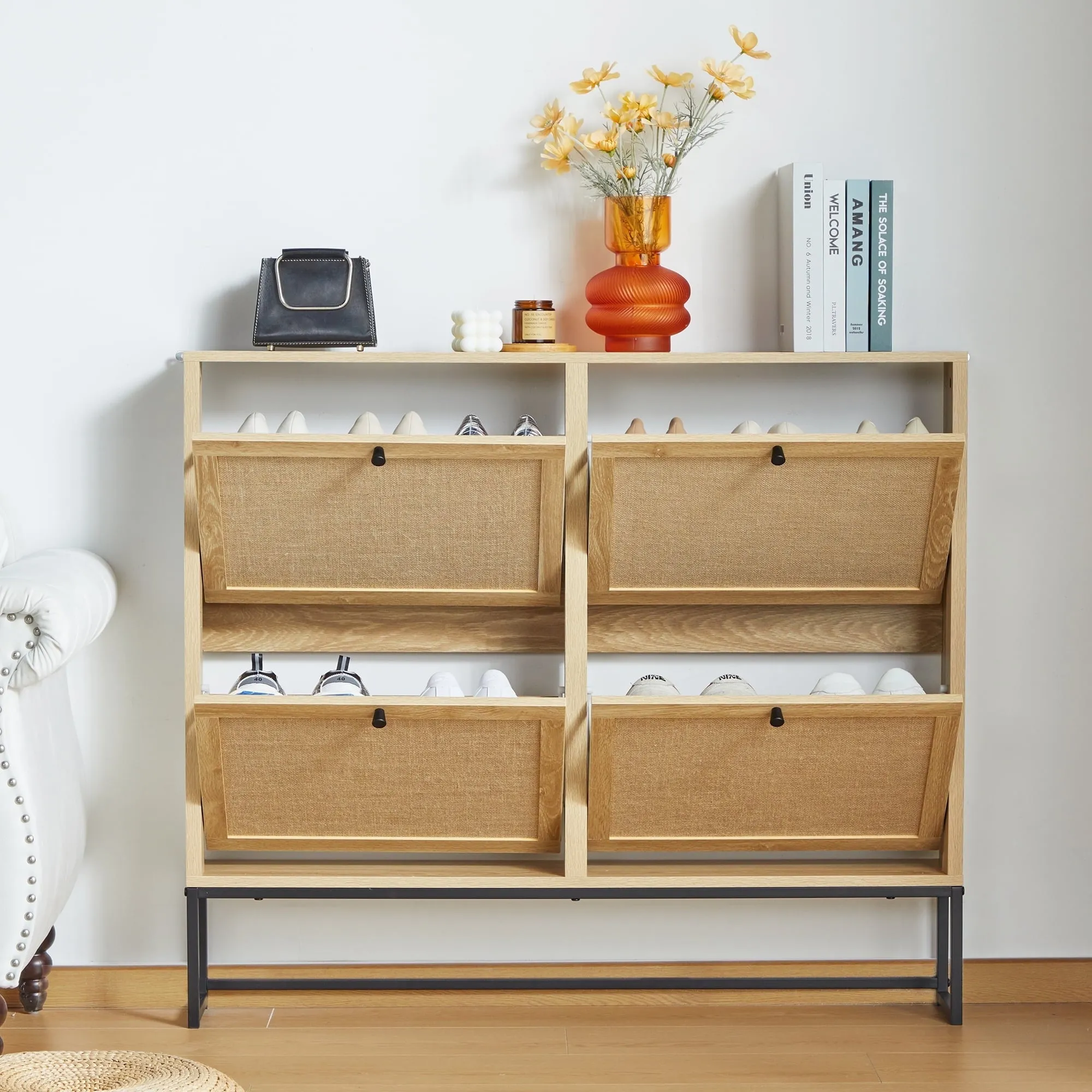 cozy Shoe Cabinet with 4 Flip Drawers, Narrow Shoe Storage Cabinet for Entryway, Walnut