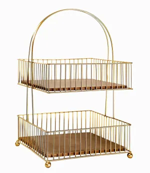 Craft Brio -A TRENDY HANDICRAFTS Metal and Wood Decorative Storage for Fruit Spice Vegetable Baskets in Kitchens - (Gold, Medium) 2 Tier, Hanging Shelves