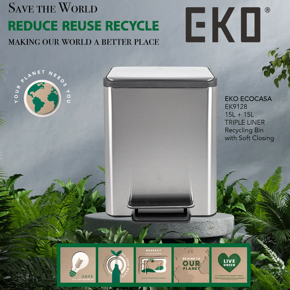 EKO Recycling Bin | Ecocasa | EK9128 | 15L 15L | Dustbin | Trash Bin | Waste Bin | Stainless Steel