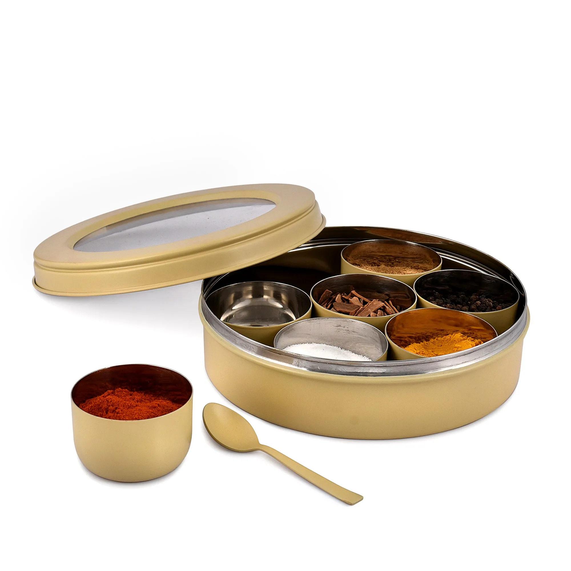 Elan 7 Compartment Multipurpose Air-Tight Stainless Steel Round Colorful Spice Box with Spoon (Daisy Yellow, 1500 ml)