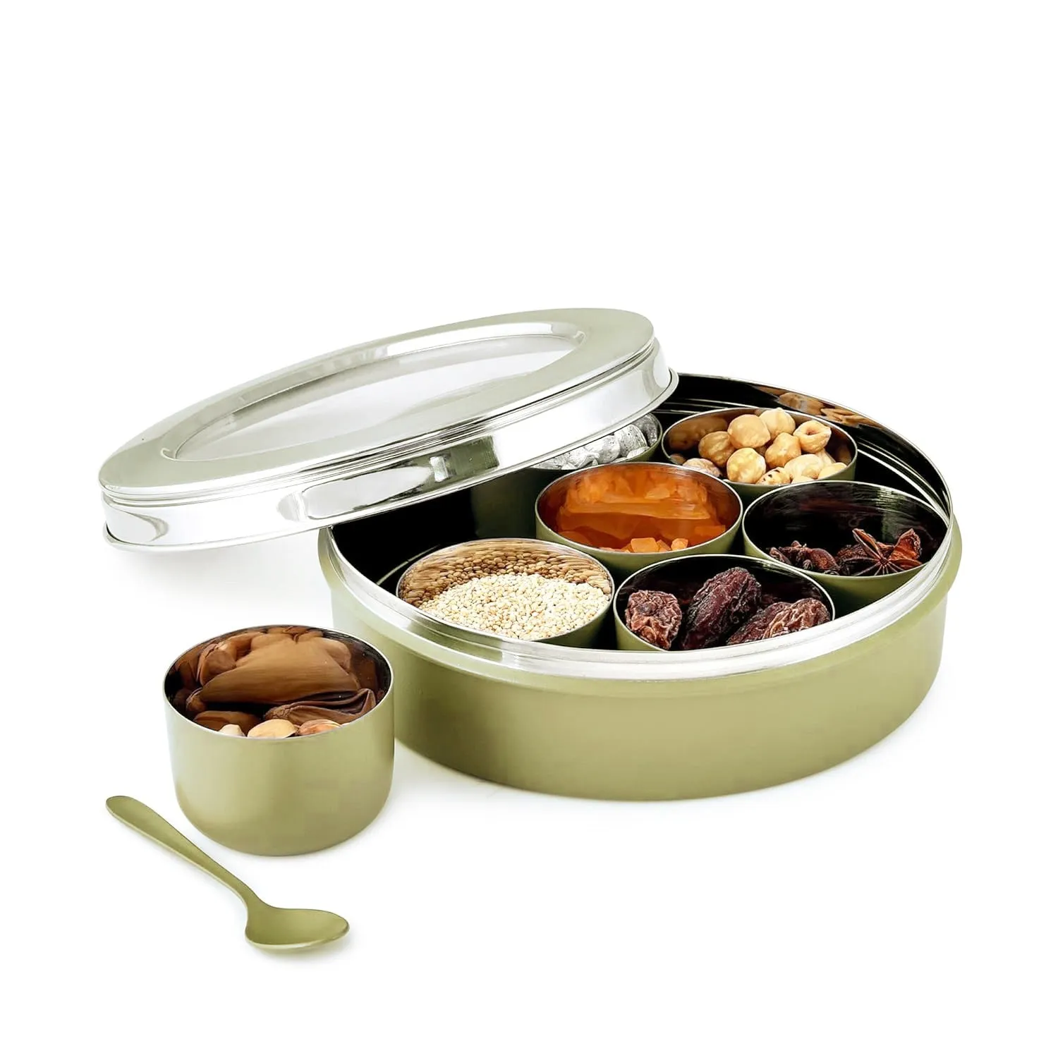 Elan 7 Compartment Multipurpose Air-Tight Stainless Steel Round Colorful Spice Box with Spoon (Daisy Yellow, 1500 ml)