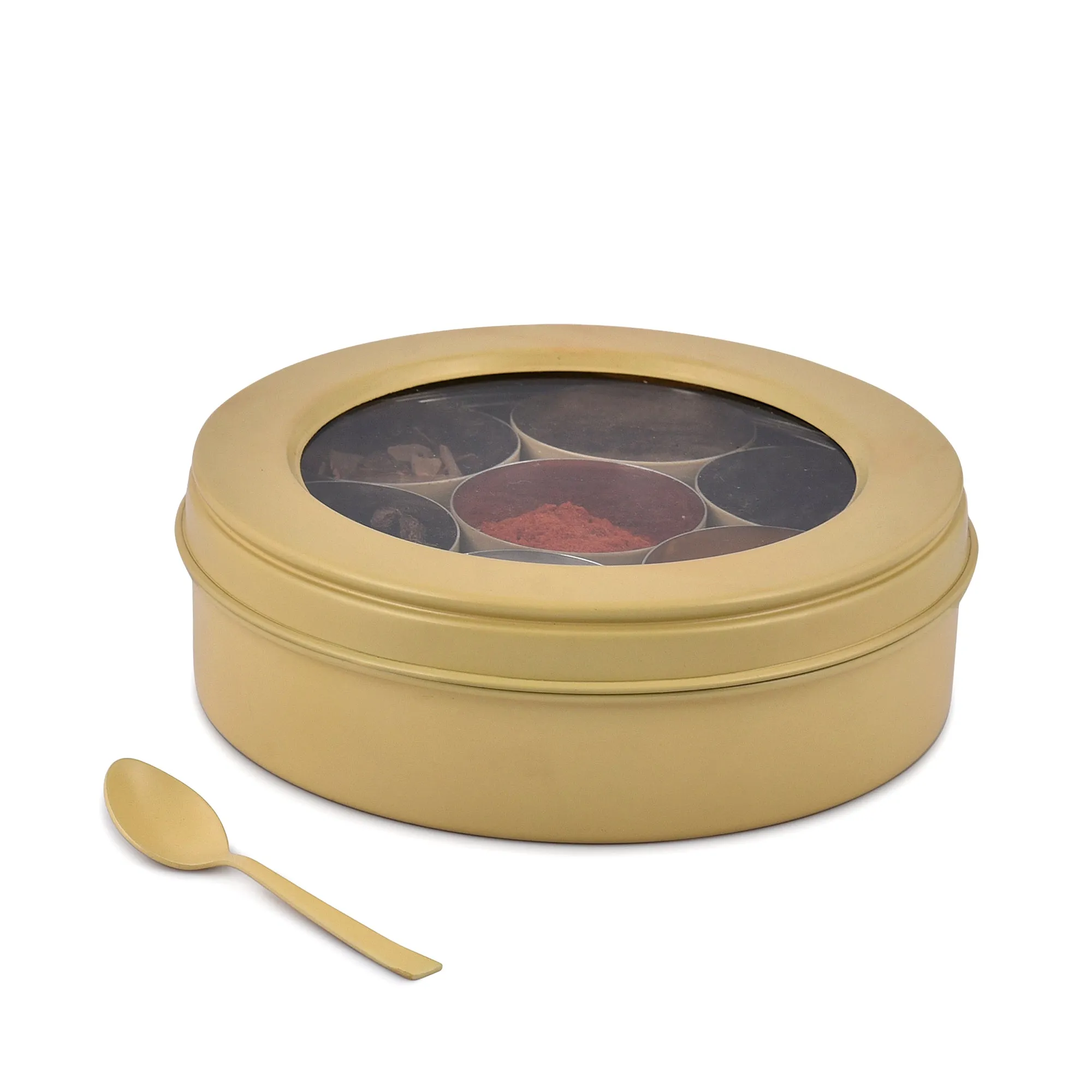 Elan 7 Compartment Multipurpose Air-Tight Stainless Steel Round Colorful Spice Box with Spoon (Daisy Yellow, 1500 ml)