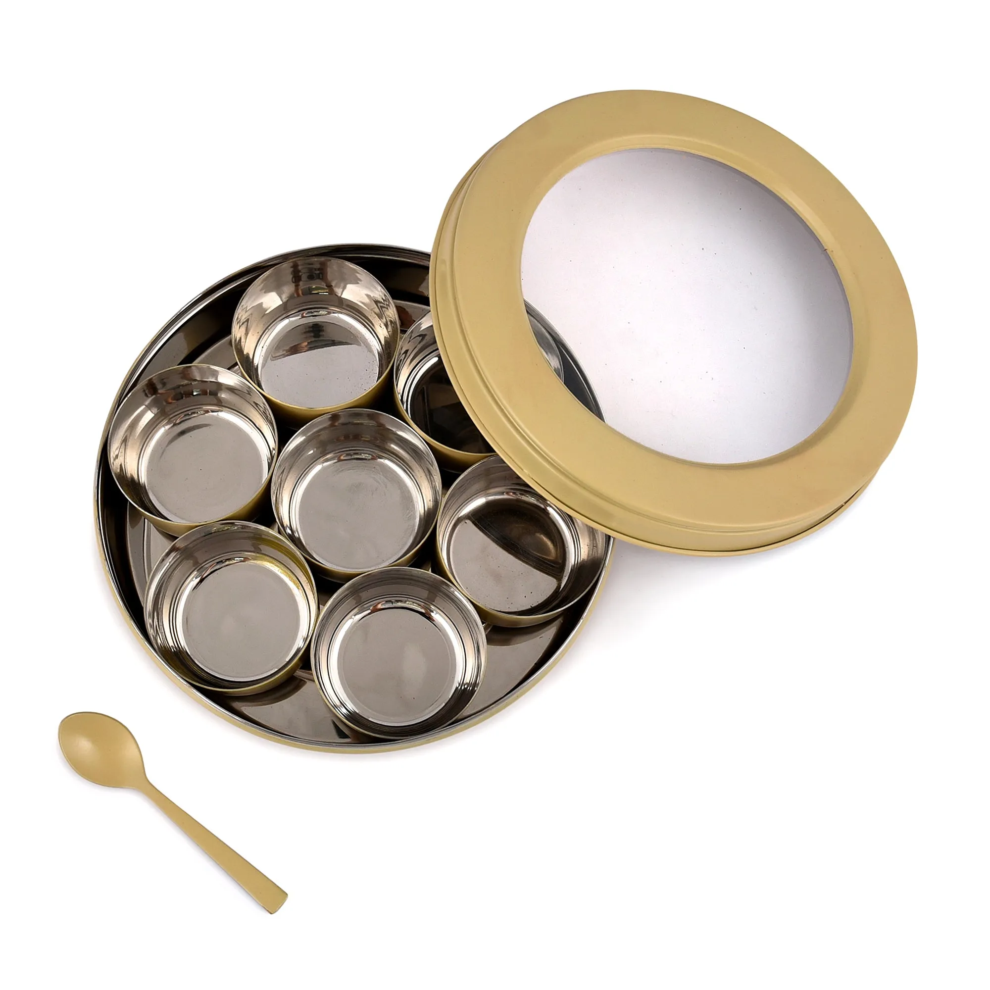 Elan 7 Compartment Multipurpose Air-Tight Stainless Steel Round Colorful Spice Box with Spoon (Daisy Yellow, 1500 ml)