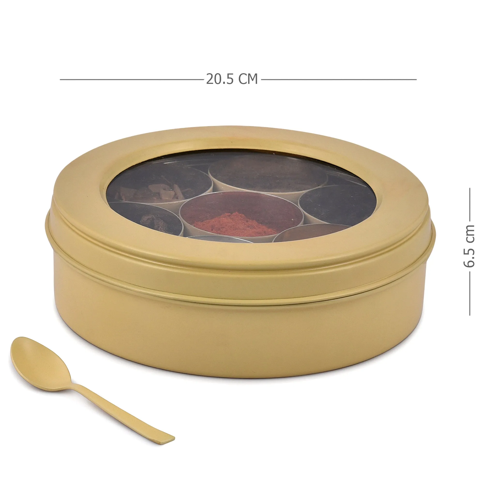 Elan 7 Compartment Multipurpose Air-Tight Stainless Steel Round Colorful Spice Box with Spoon (Daisy Yellow, 1500 ml)