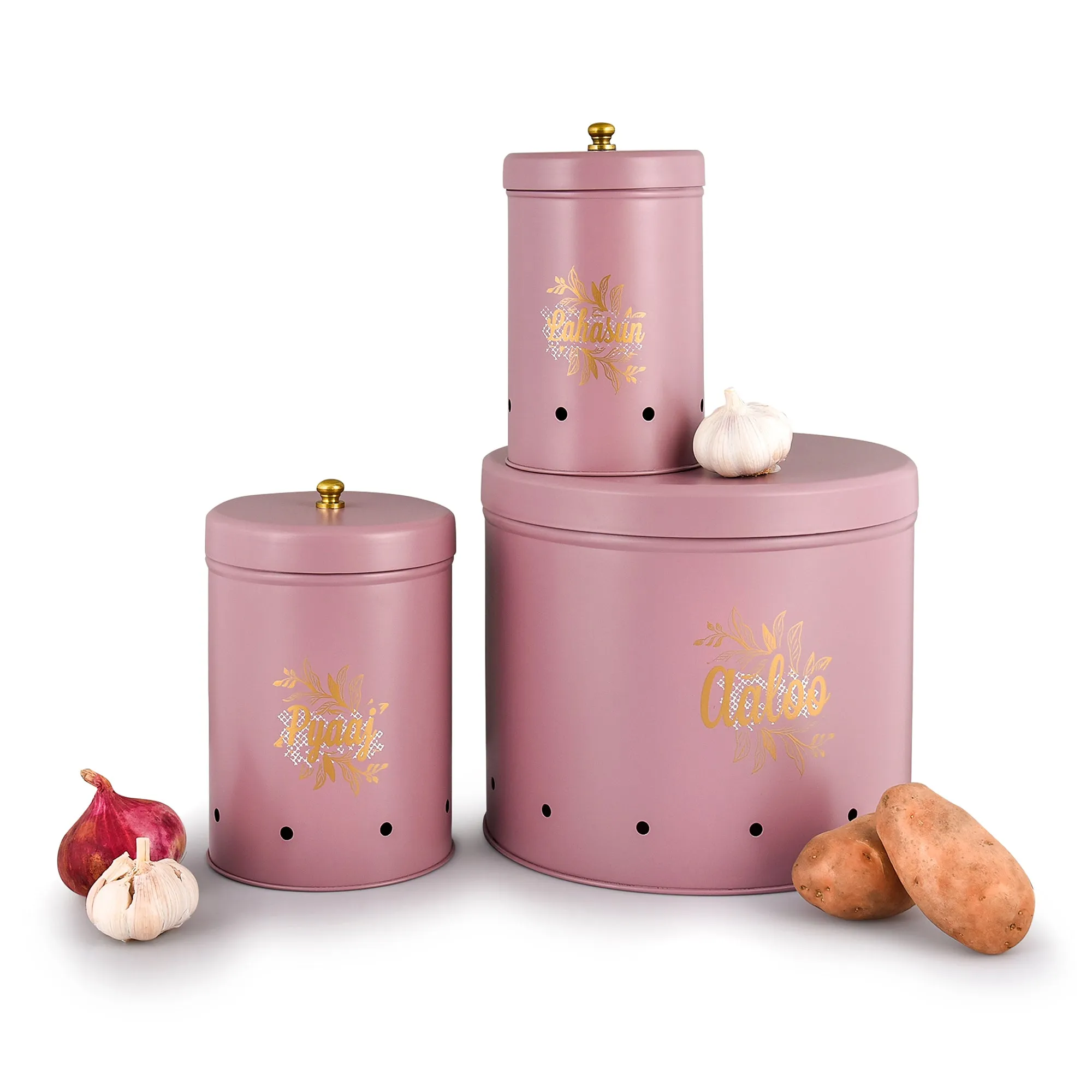 ELAN Country Onion Potato Garlic Storage Container For Kitchen, Set Of 3 (Mild Steel, Mauve)