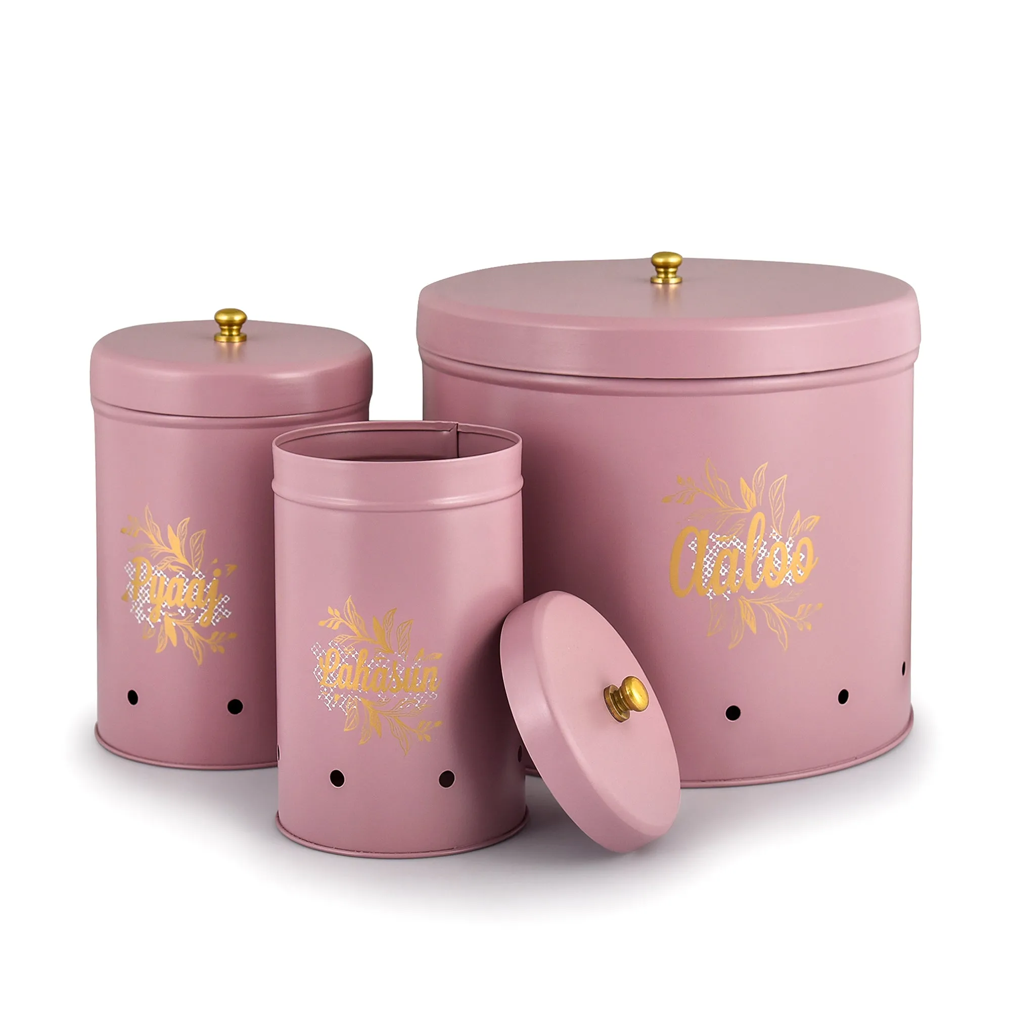 ELAN Country Onion Potato Garlic Storage Container For Kitchen, Set Of 3 (Mild Steel, Mauve)