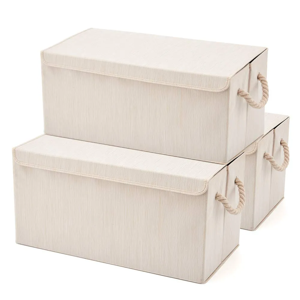 EZOWare Extra Large [3-Pack] Linen Fabric Foldable Storage Cubes Bin Box Containers with Lid and Handles - Beige  (24x12x12inch)