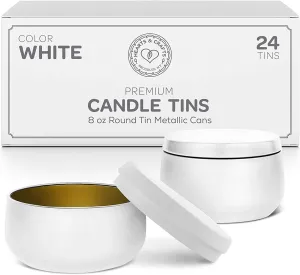 Hearts & Crafts White Candle Tins 8 oz with Lids | 24-Pack of Bulk Candle Jars for Making Candles Crafts, Storage, Gifts, and More