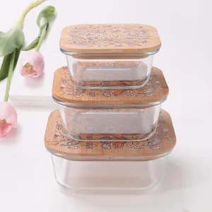 Homestic Borosilicate Kitchen Containers Set with Bamboo Lid | Glass Containers with Lid | Airtight | Microwave Safe | Ratatouille Print | 310ml 510ml 800ml | Pack of 3 | Multipurpose