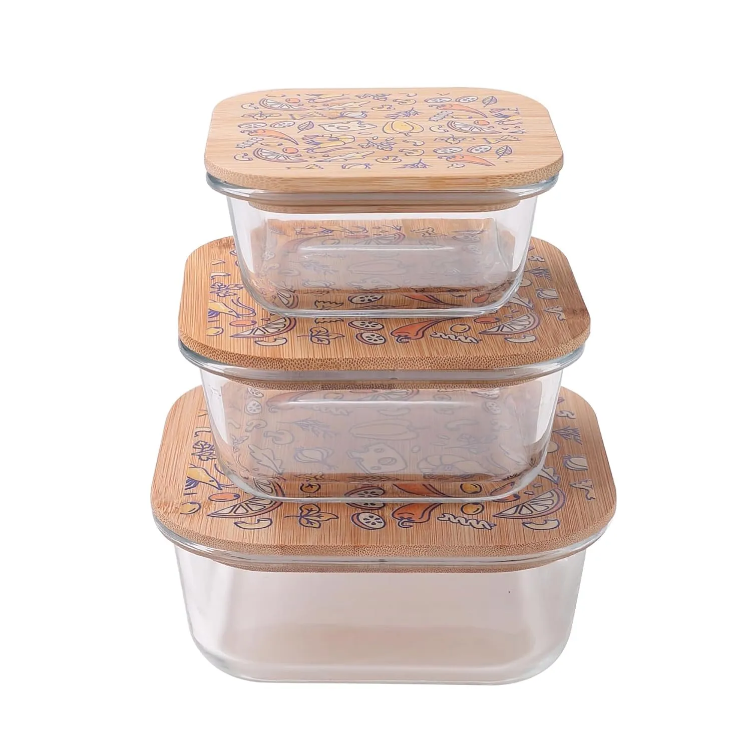 Homestic Borosilicate Kitchen Containers Set with Bamboo Lid | Glass Containers with Lid | Airtight | Microwave Safe | Ratatouille Print | 310ml 510ml 800ml | Pack of 3 | Multipurpose