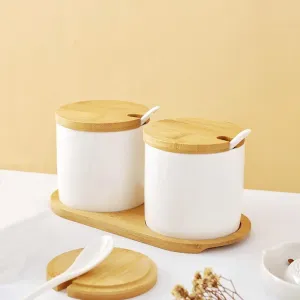 Homestic Kitchen Storage Box | Spoon and Wooden Tray Spice Container | Round Condiment Jar for Home | Air-Tight Bamboo Lid Kitchen Set | Set of 2 | BK02WT | 250 ML | White