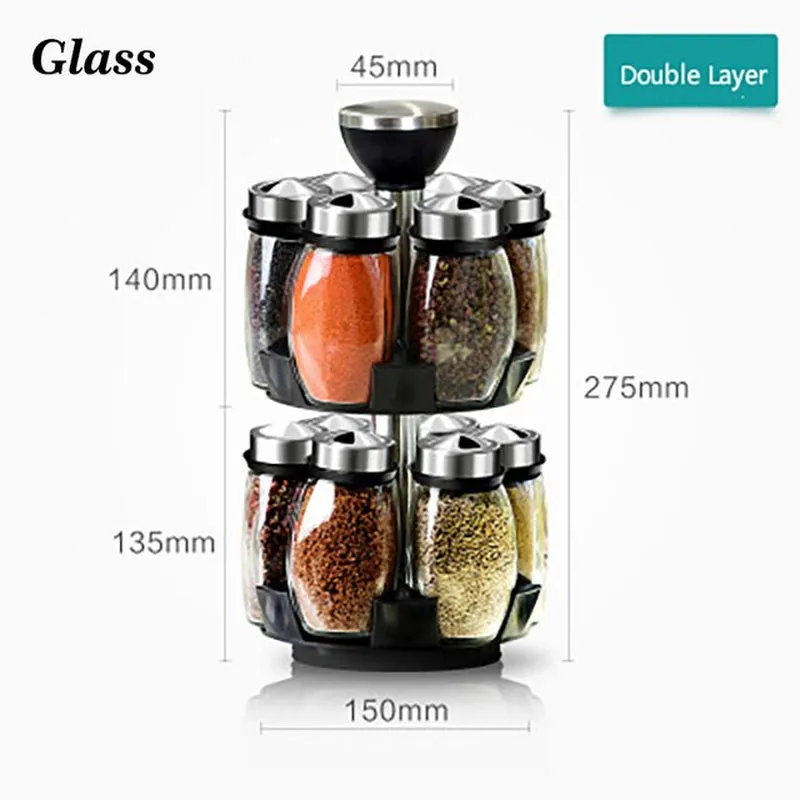 Kitchen Spice and Seasoning Jar Set with Rotating Holder for Condiments, Salt, Pepper, and Sprays - Organized Storage Rack```