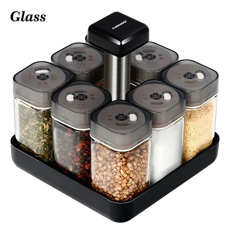 Kitchen Spice and Seasoning Jar Set with Rotating Holder for Condiments, Salt, Pepper, and Sprays - Organized Storage Rack```