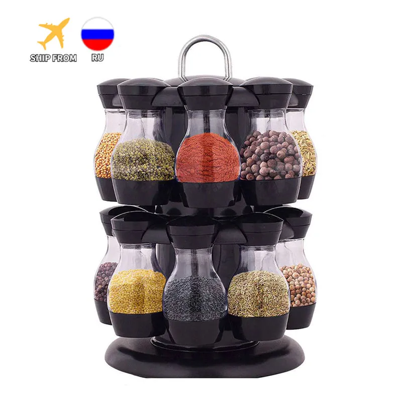 Kitchen Spice and Seasoning Jar Set with Rotating Holder for Condiments, Salt, Pepper, and Sprays - Organized Storage Rack```