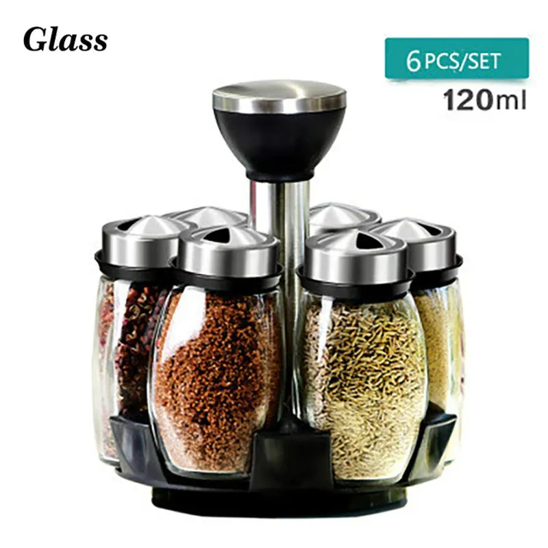 Kitchen Spice and Seasoning Jar Set with Rotating Holder for Condiments, Salt, Pepper, and Sprays - Organized Storage Rack```