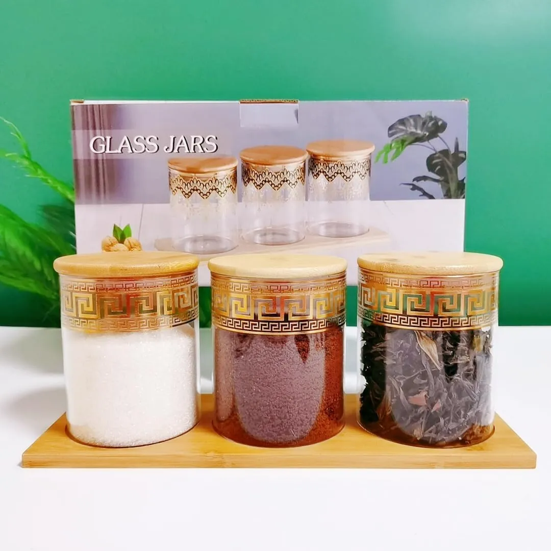 Kuber Industries Borosilicate Glass Containers with Bamboo Lid and Tray|Kitchen Organizer Items and Storage|Multipurpose Airtight Containers|3 Pieces Kitchen Containers Set-850ml Each