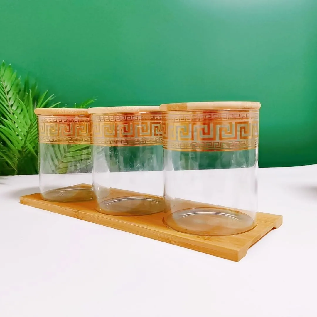 Kuber Industries Borosilicate Glass Containers with Bamboo Lid and Tray|Kitchen Organizer Items and Storage|Multipurpose Airtight Containers|3 Pieces Kitchen Containers Set-850ml Each