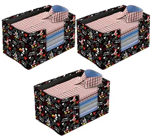 Kuber Industries Non-Woven Mickey Mouse Print Foldable Shirt Stacker/Wardrobe Organizer For Shirts, Sarees, Lehengas With Handle Pack of 3 (Black) 54KM4185