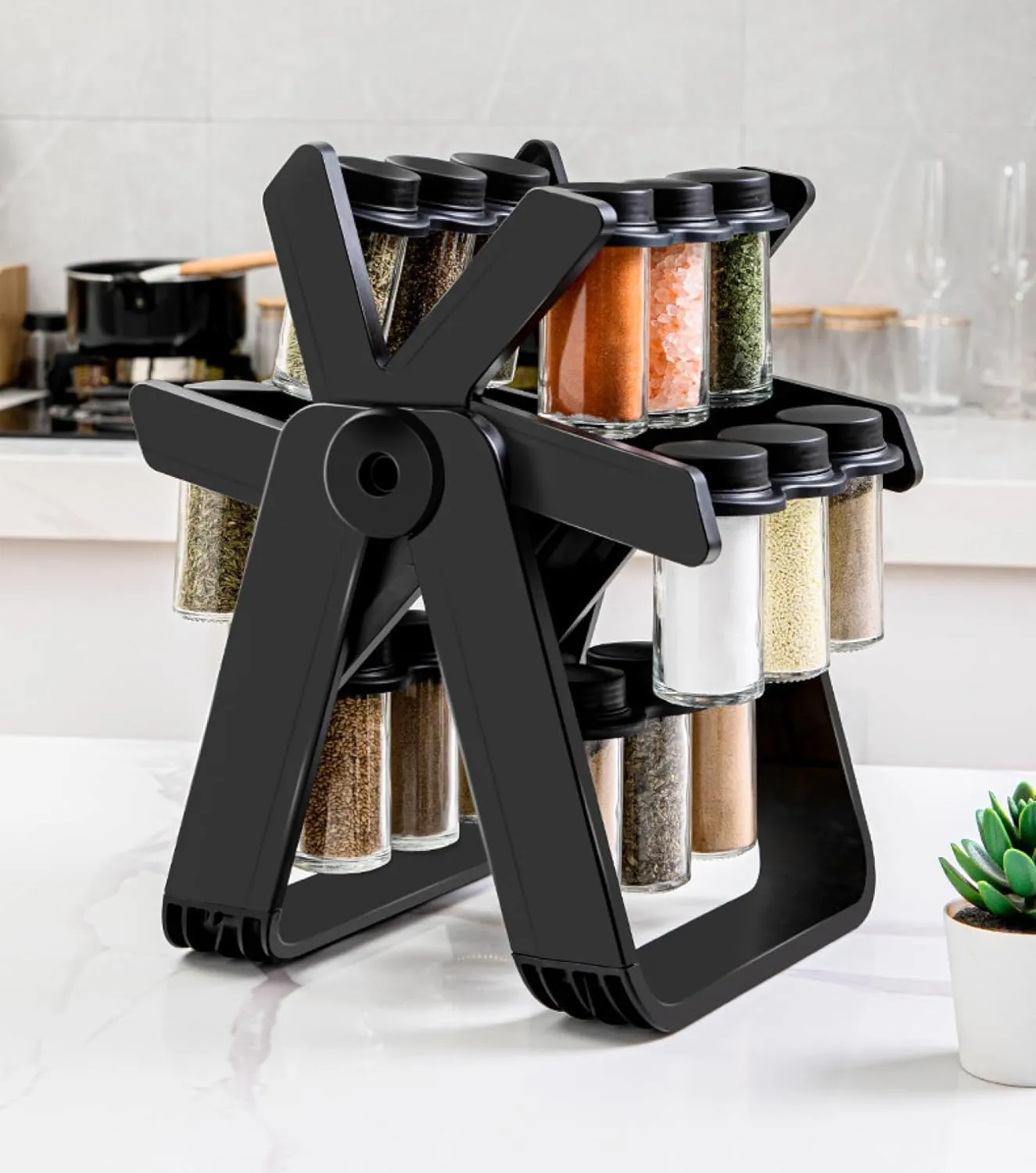 Kuber Industries Spice Rack | Rotating Kitchen Spice Organizer | 18 Glass Spice Jars | Masala Dani for Countertop | Multifunctional Kitchen Containers | Storage Organizer | KA-707 | Black