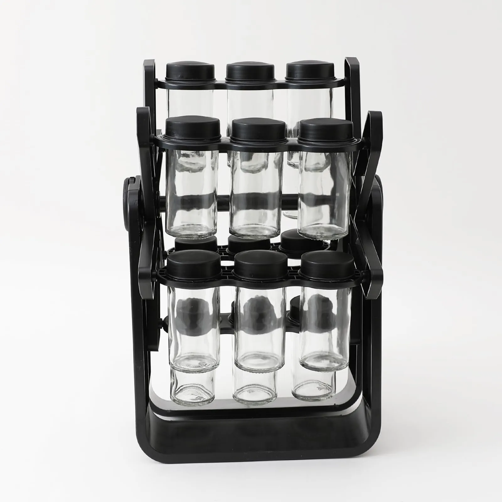 Kuber Industries Spice Rack | Rotating Kitchen Spice Organizer | 18 Glass Spice Jars | Masala Dani for Countertop | Multifunctional Kitchen Containers | Storage Organizer | KA-707 | Black