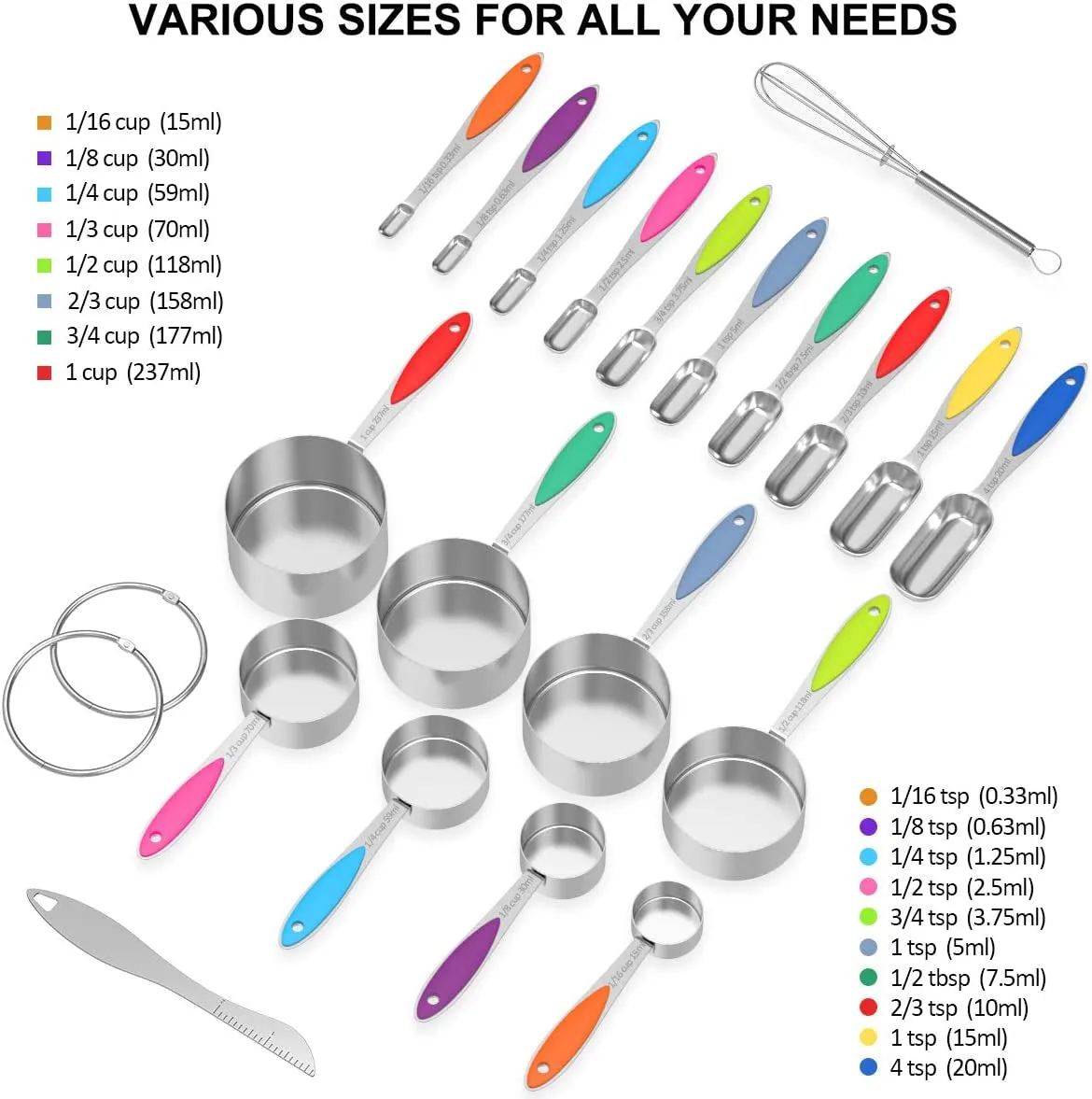 Measuring Cups and Spoons -  Stainless Steel 20 Piece Stackable Set, Includes 8 Measuring Cups, 10 Measuring Spoons, 1 Leveler & 1 Whisk, for Dry and Liquid Ingredient