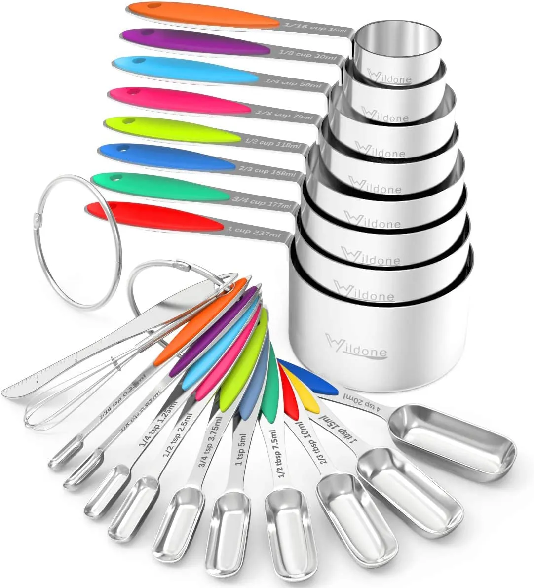 Measuring Cups and Spoons -  Stainless Steel 20 Piece Stackable Set, Includes 8 Measuring Cups, 10 Measuring Spoons, 1 Leveler & 1 Whisk, for Dry and Liquid Ingredient