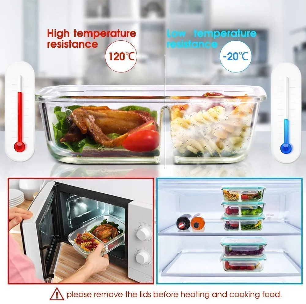 Moozico Glass Lunch Box Microwave Oven Safe 3-Compartment Glass Storage Box With Leak Proof Airtight Lid -1000Ml (Rendom Color) - Clear