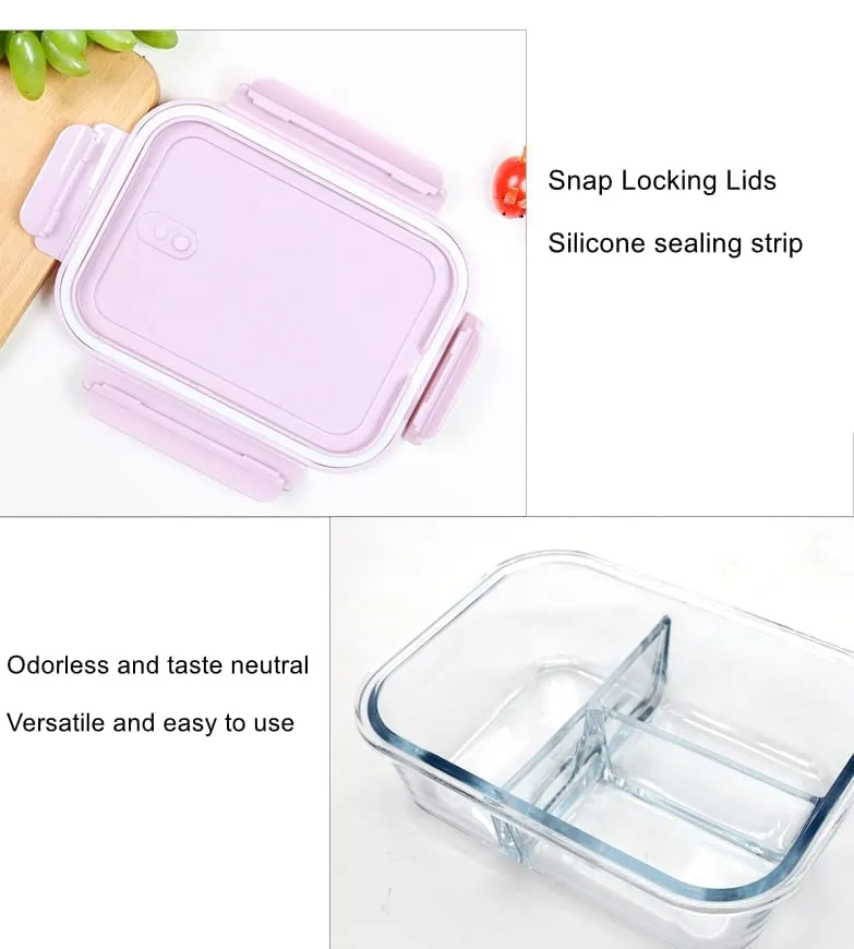 Moozico Glass Lunch Box Microwave Oven Safe 3-Compartment Glass Storage Box With Leak Proof Airtight Lid -1000Ml (Rendom Color) - Clear