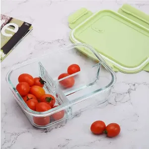 Moozico Glass Lunch Box Microwave Oven Safe 3-Compartment Glass Storage Box With Leak Proof Airtight Lid -1000Ml (Rendom Color) - Clear