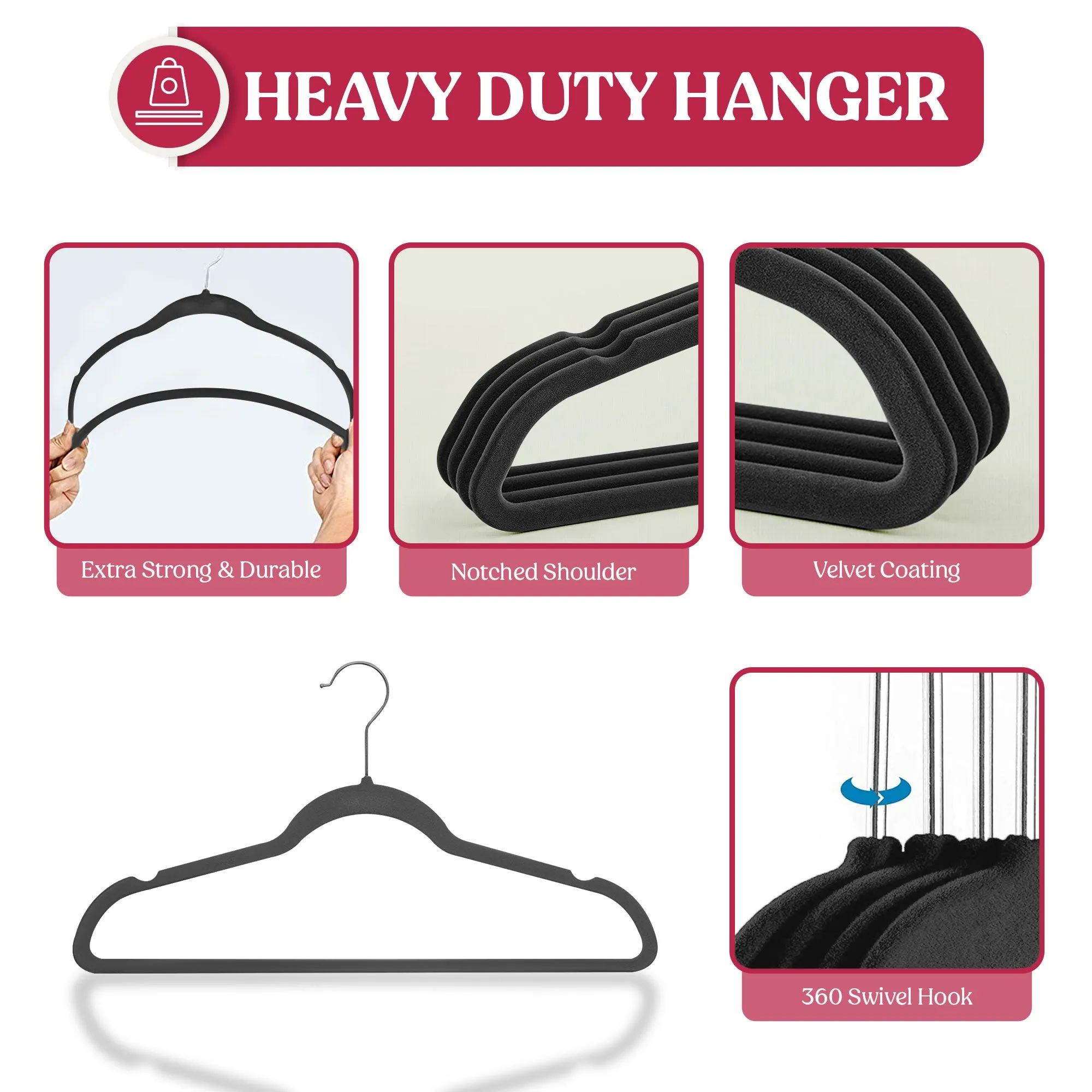 Non Slip Velvet Clothing Heavy Duty Hangers with 360 Degree Rotatable Hook