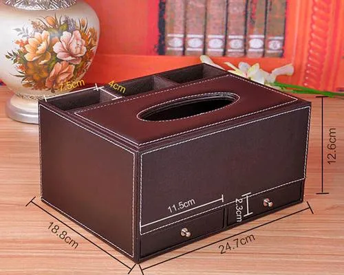 PU Leather Tissue Box Holder with Compartments