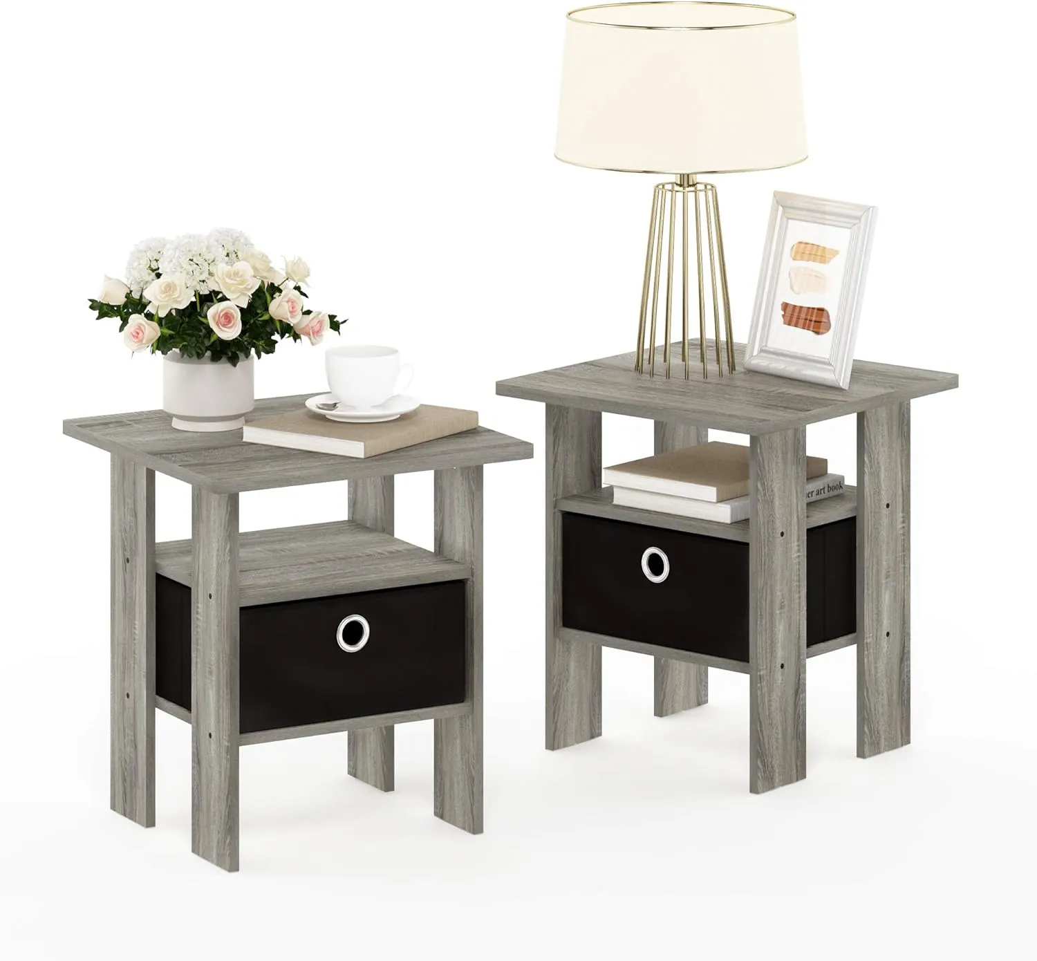 Set of 2 End Side Table with Bin Drawer, Bedroom Nightstand, French Oak Grey/Black