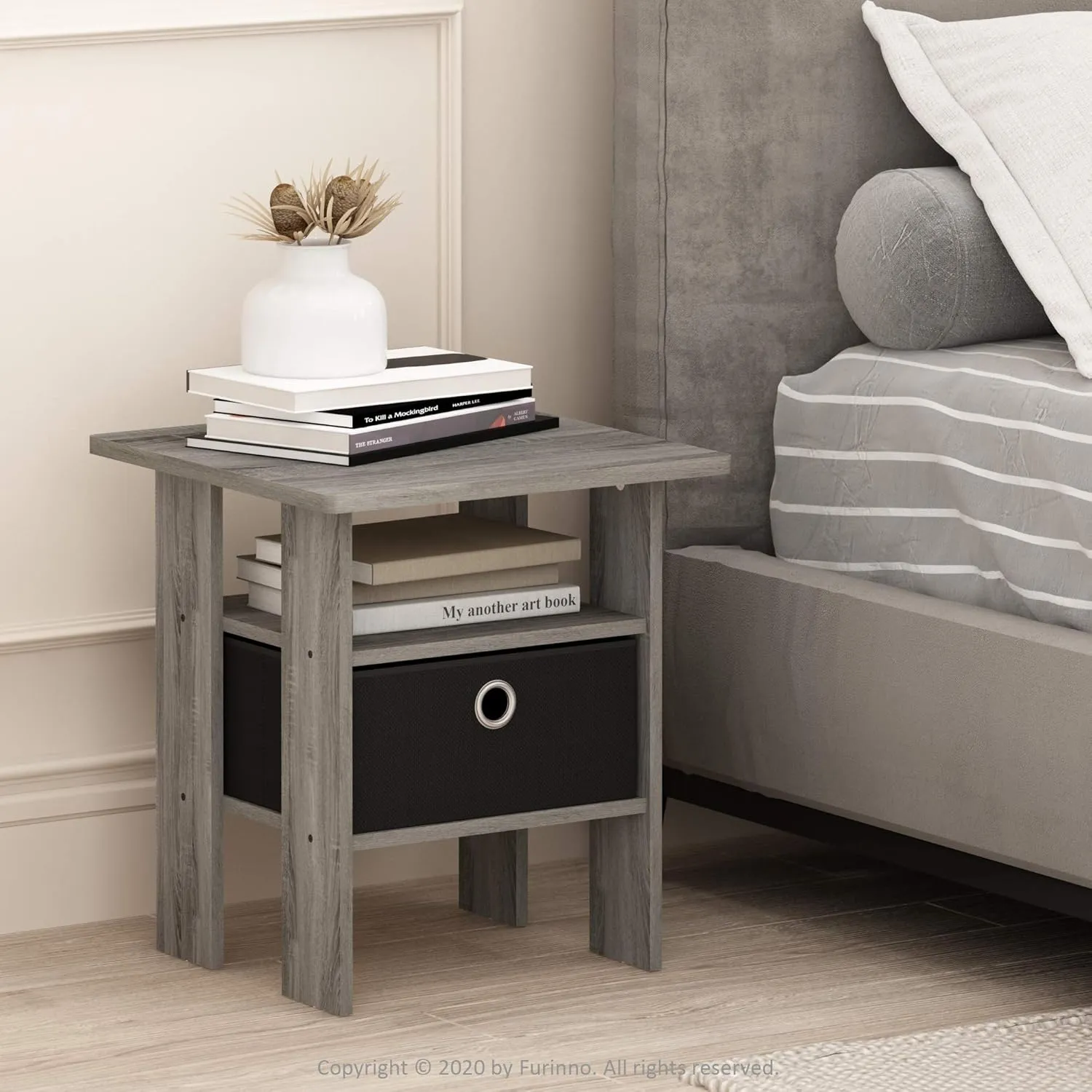 Set of 2 End Side Table with Bin Drawer, Bedroom Nightstand, French Oak Grey/Black