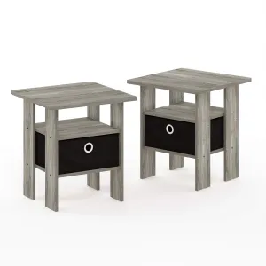 Set of 2 End Side Table with Bin Drawer, Bedroom Nightstand, French Oak Grey/Black