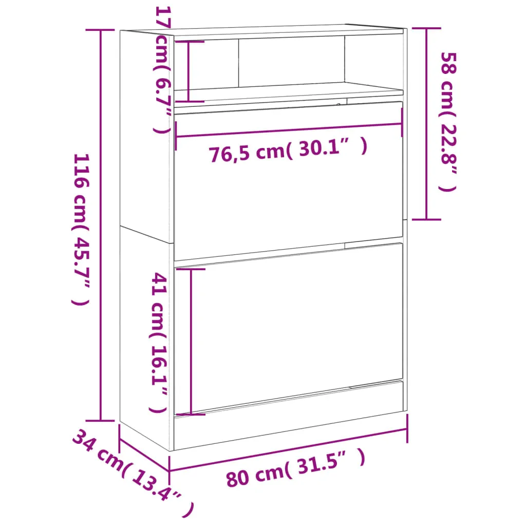 Shoe Cabinet with 2 Flip-Drawers Concrete Grey 80x34x116 cm